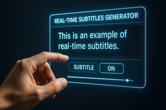Real time subtitles generator interface with hand interacting, glowing blue digital screen showing subtitle options and example text for accessibility and technology use