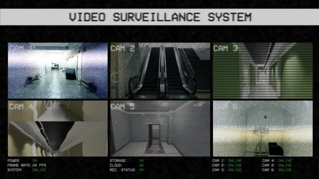 Online video surveillance system with six cameras for empty hallways. Creepy empty hallways on CCTV cameras 