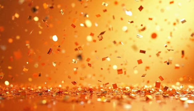 Orange and gold confetti falls on reflective surface. Abstract background with shiny glitter pieces. Festive celebration party and holiday atmosphere.