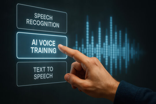 AI voice training selection with human finger pointing on digital interface, speech recognition and text to speech options, technology concept