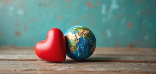 Red heart and globe on wooden surface. Symbol of love for planet Earth. Concept for environmental care, conservation, and global unity, on rustic blue background.