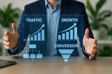 Digital marketing concept with holographic interface showing traffic growth and conversion funnel, business strategy visualization with futuristic technology