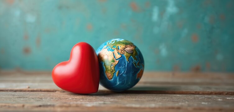 Red heart and globe on wooden surface. Symbol of love for planet Earth. Concept for environmental care, conservation, and global unity, on rustic blue background.