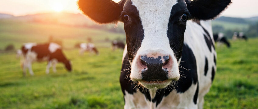 Close-up dairy cow on lush highland pasture with warm, serene lighting. - Powered by Adobe