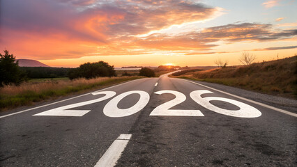 New Year 2026 or straightforward concept. 2026 Number was written in the middle of the asphalt road at sunset concept of planning, goals, challenge, new year resolution