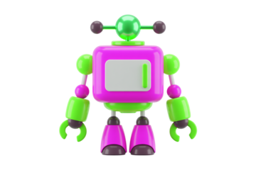 Fun, colorful 3D robot character design with vibrant pink and green, perfect for tech, innovation, and futuristic concepts