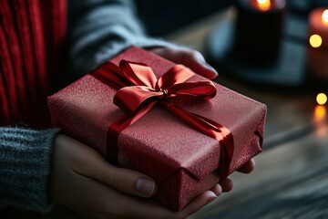 Gift wrapped in red ribbon held by hands in a cozy setting at night with soft candlelight. Concept of Saint Valentine Day and 8 Mart celebration.