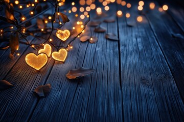Warm glowing Valentine's hearts among dry leaves on rustic wooden surface at night in cozy atmosphere. Concept of Saint Valentine Day and 8 Mart celebration.