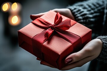 Gift wrapped in red ribbon held by hands in a cozy setting at night with soft candlelight. Concept of Saint Valentine Day and 8 Mart celebration.