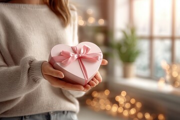 Gift box wrapped with pink ribbon held by a person in a cozy indoor setting. Concept of Saint Valentine Day and 8 Mart celebration.