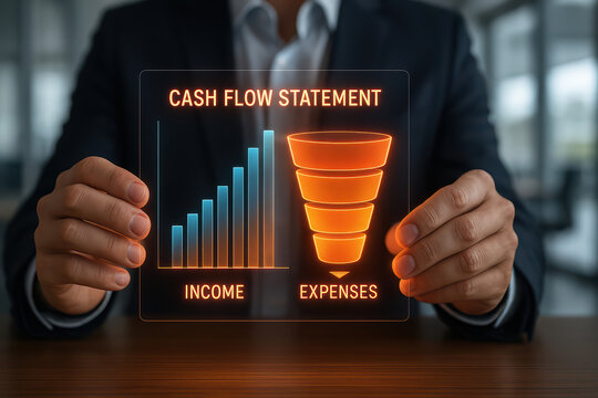 Cash flow statement with income and expenses charts held by businessman in suit showing financial growth and management in office environment