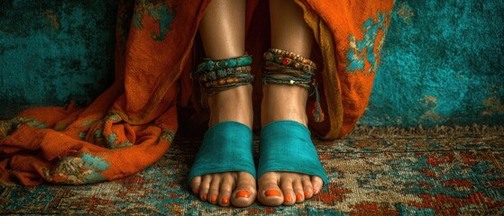 Bohemian Feet Adorned with Turquoise Sandals and Beaded Anklets Against Vintage Textile Backdrop