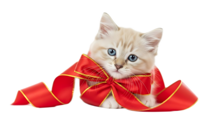 A light colored kitten with blue eyes wearing a red ribbon against a black background looking at the camera