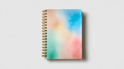 Spiral notebook with colorful pastel watercolor design on gray background