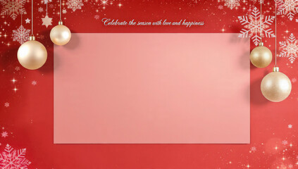 Festive red background with golden Christmas ornaments, sparkling snowflakes, and a pink blank card for your holiday greetings and celebrations.