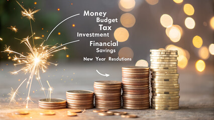 2025 end year to Happy New Year 2026 with Coins stack. Money, Budget, tax, investment, financial, savings and New Year Resolution concepts