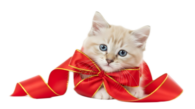 A light colored kitten with blue eyes wearing a red ribbon against a black background looking at the camera