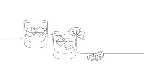 Whiskies and ice. Scotch on the rocks in glasses. Whiskey and soda. Continuous one line drawing vector illustration