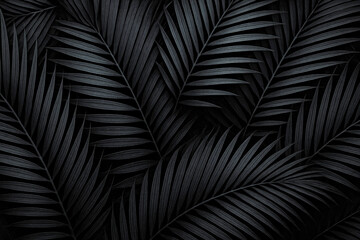 Closeup tropical black palm leaves texture and dark tone process, abstract nature pattern background