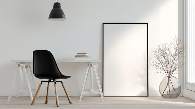 Modern home office interior with blank frame mockup and chair