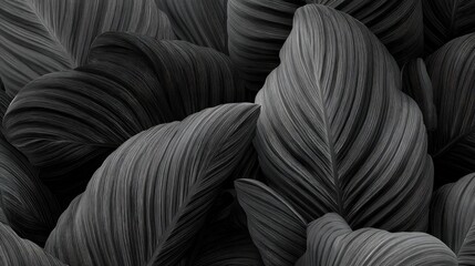 Closeup tropical black leaves texture and dark tone process, abstract nature pattern background