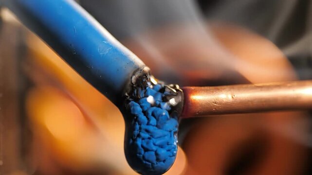 Close-up of a plumber soldering copper pipes with a torch, creating a strong and durable joint for water systems.