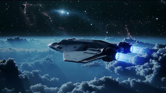 Advanced spacecraft moves across vibrant skies with radiant engines blazing