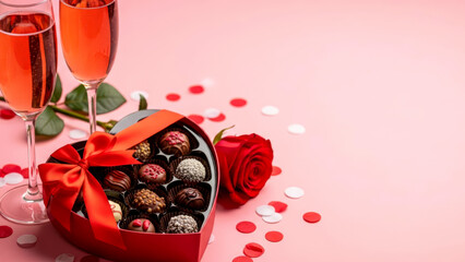 Valentine's Day setting with champagne, heart-shaped chocolate box, red rose, and scattered confetti on pink.