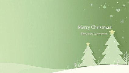 Merry Christmas! Two stylized green trees, golden stars, and snowflakes on a gradient green background, conveying 'Enjoy every cozy moment'.