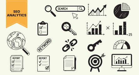 Hand Drawn SEO Analytics Vector Set | Outline Icons of Search Bar, Magnifying Glass, Keyword, Broken Link, Report, Target, and Speedometer for Digital Marketing Design.