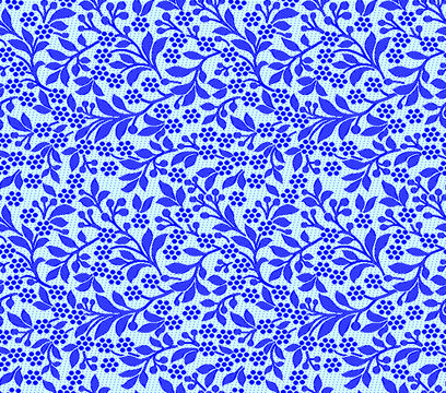 Intricate blue floral pattern seamless background with delicate leaves and berries