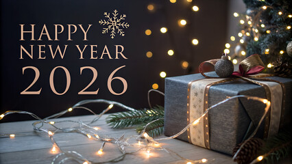 happy new year 2026 background with gift and magic lights in dark color