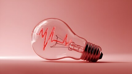 A red light bulb with a cardiogram on a red background. Glowing light bulb with an electrocardiogram inside on a red background
