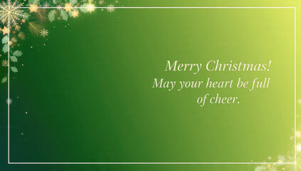A festive green Christmas greeting card featuring golden snowflakes, stars, holly, and pine decorations, wishing a joyful holiday season.