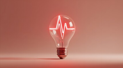 A red light bulb with a cardiogram on a red background. Glowing light bulb with an electrocardiogram inside on a red background
