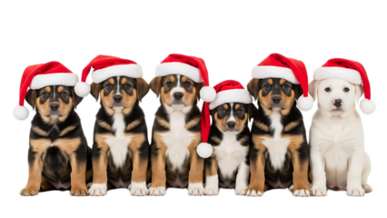 A christmas lineup of adorable puppies wearing santa hats against a transparent background image