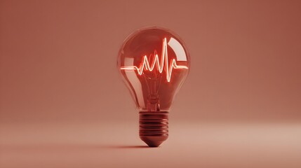 A red light bulb with a cardiogram on a red background. Glowing light bulb with an electrocardiogram inside on a red background