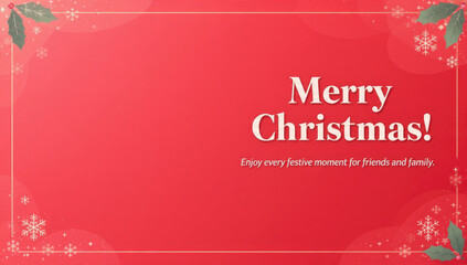 A festive red Christmas greeting card featuring "Merry Christmas!" text, adorned with holly, snowflakes, and a golden border, wishing joyous moments.