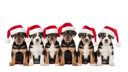 A row of adorable puppies wearing santa hats sitting together on a black background looking at the camera