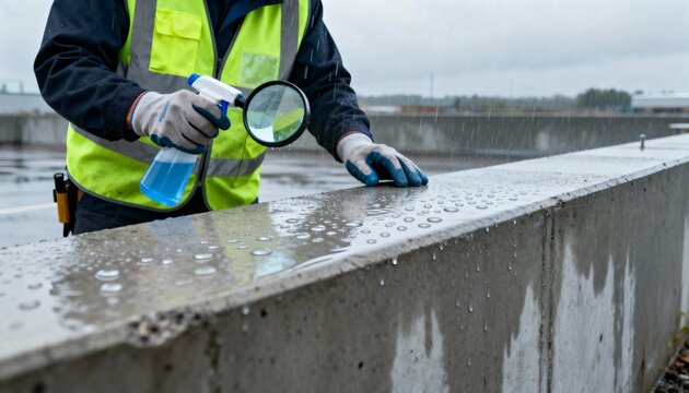 Medium shot of a worker inspecting silane weatherproof coating on concrete surfaces highlighting water repellency and enhanced durability in wet climates.