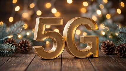 Golden 5G letters on wooden surface with fir branches pine cones and twinkling lights. Festive christmas and new year connectivity concept. Advanced mobile network technology for modern wireless