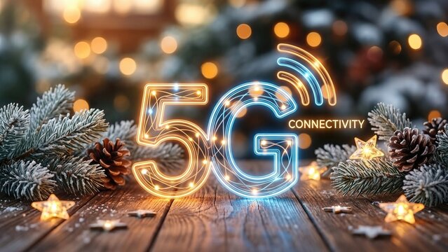 Glowing 5G symbol with wireless signals and holiday elements. Modern fast network connectivity for Christmas and New Year. Festive digital technology in winter celebration with evergreens and lights.