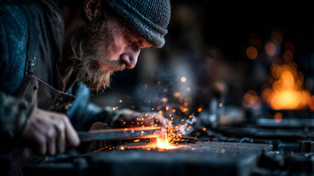 Skilled welder creates metalwork sparks at a blacksmith forge workshop