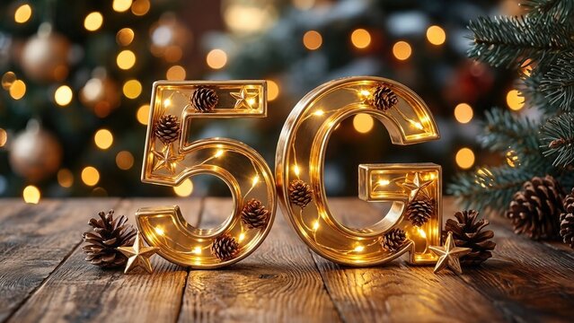 Golden 5G letters illuminated with pine cones and stars on wooden table. Festive Christmas background with blurred tree and lights. Modern fast connectivity technology for holiday celebrations and