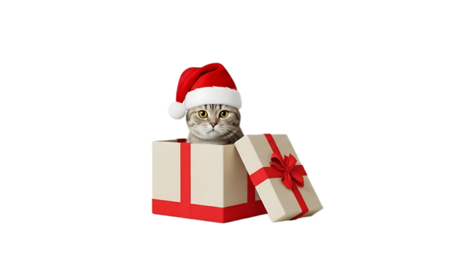A christmas cat wearing a santa hat sitting inside a present box on a black colored background image