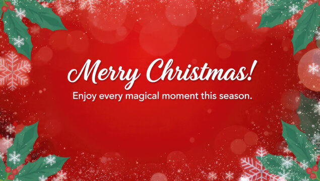 A festive red background with "Merry Christmas!" and a seasonal message, framed by holly, snowflakes, and sparkling lights.