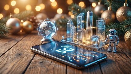Smartphone displaying 5G network with holographic cityscape globe and robot. Global connectivity concept in Christmas and new year festive setting. Modern high speed technology innovation for digital