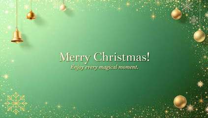 Festive green Christmas background with golden sparkling dust, stars, snowflakes, and hanging bells and ornaments, wishing 'Merry Christmas!'