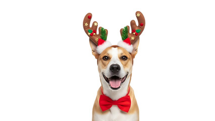 A happy dog wearing reindeer antlers and a red bow tie against a black background looking at the camera