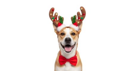 A happy dog wearing reindeer antlers and a red bow tie against a black background looking at the camera